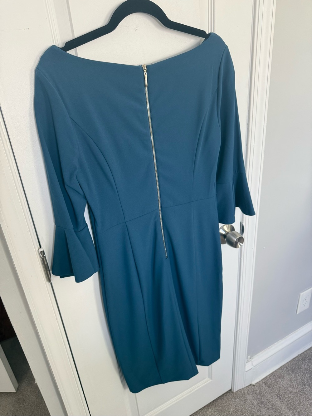 White House Black Market Peacock Blue Midi Dress with Bell Sleeves - Picture 3 of 8
